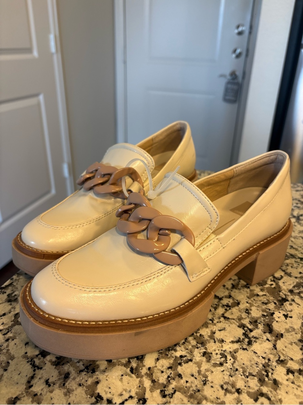 Dolce Vita Cream Platform Loafers with Tan Chain Detail